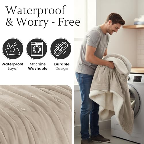 Waterproof Blanket for Bed Intimacy (90"x 80" King Size) Reversible Fleece | Sherpa, Love Blanket, Water Proof TPU Stain Proof Couch Furniture Mattress Winter Large Dog Bed Cover - Beige - color: Beige, size: 90 X 80 Inch