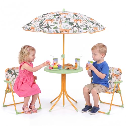 Costzon Kids Picnic Table, Kids Outdoor Table with 2 Folding Chairs, Height Adjustable Umbrella, Portable Children Outdoor Furniture for Patio, Garden, Backyard (Yellow Forest) - color: Yellow Forest