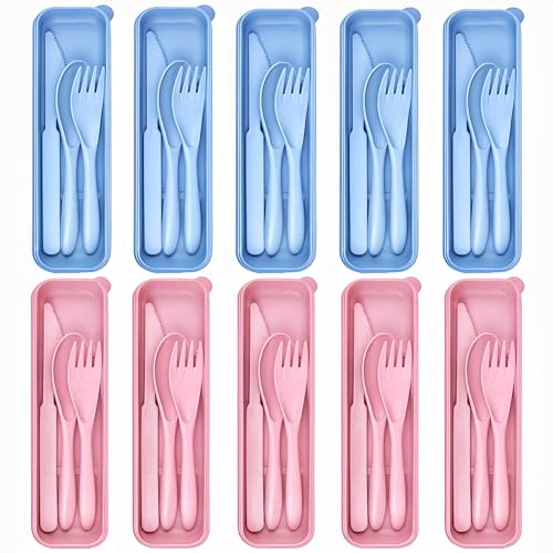 10 Set Reusable Travel Utensils Set with Case,Wheat Straw Travel Cutlery Set Portable Knife Fork Spoons Tableware Picnic Silverware for Party, Picnic, Camping, Kitchen, Camping-Blue&Pink - color: Blue&Pink