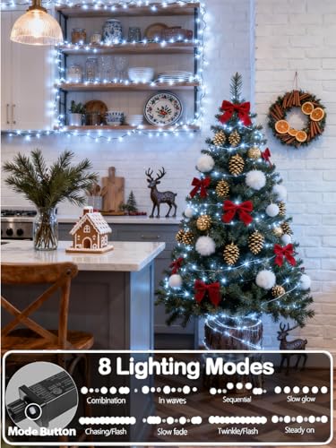 YIQU White 82FT 200 LED Christmas String Lights Outdoor/Indoor (Extendable Green Wire, Ultra-Bright with 8 Modes, UL Certified), Fairy String Lights for Xmas Tree Holiday Party Decoration, Cool White - color: Cool White, size: 200LED