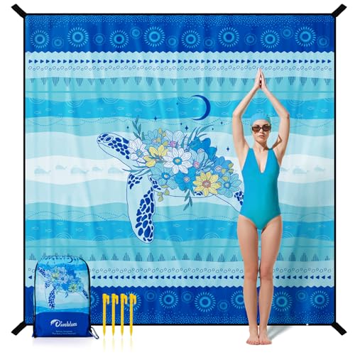 Diveblues Beach Blanket Oversized Extra Large 110" * 118"/ 9 * 10 Ft,Beach Mat Waterproof Sandproof,Soft and Durable, Picnic Mat for Travel Camping, Beach Vacation,4 Stakes & 1 Travel Bag - color: Dream Turtle
