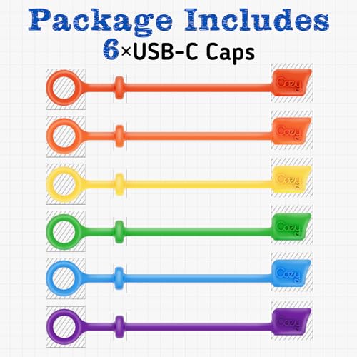 [6-Pack] Cozy USB Caps for USB-C Cable & Apple Charging Cables with Dust Protection, Tether, Protects During Travel, Portable, Designed by Cozy (USB-C - Multi Color) - color: USB-C - Multi Color