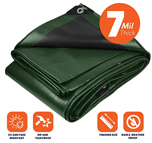 Heavy Duty 7 Mil Tarp Cover, Waterproof, UV Resistant, Rip and Tear Proof, Poly Tarpaulin with Reinforced Edges for Roof, Camping, Patio, Pool Cover, Boat (Green/Black 16′ X 20′) - color: Green/Black-7 Mil, size: 16′ X 20′