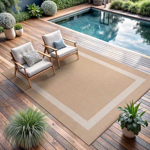 CAMILSON Outdoor Rug 5x7, Modern Outside Rugs for Patios Porches Waterproof Durable Washable Non-Shedding, Easy-to-Clean Indoor Outdoor Area Carpet (5 x 7, Bordered - Beige/White) - color: Bordered - Beige / White, size: 5' x 7' (Rectangular)