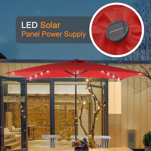 Rectangle Patio Umbrella with Solar Lights, 10 x 6.5ft Rectangular Outdoor Umbrella Table Market Patio Umbrella with Push Button Tilt and Crank for Garden, Deck, Backyard, Pool - color: Chill Red