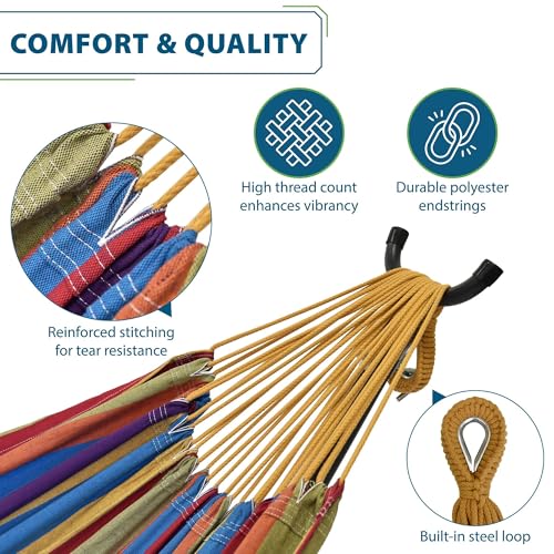 Vivere Double Cotton Hammock with Space Saving Steel Stand, Upgraded Polyester End Strings 450 lb Capacity - Premium Carry Bag Included - USA Grown Cotton (Tropical) - color: Tropical