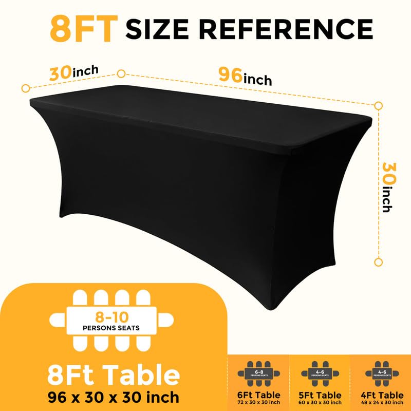 1 Pack 8FT Rectangular Spandex Tablecloth,Wrinkle Resistant Fitted Cover for 96x30 inch Banquet Table Cloth, Washable Stretch Fabric for Party, Events, Wedding, Vendor - Black - color: 8ft-black