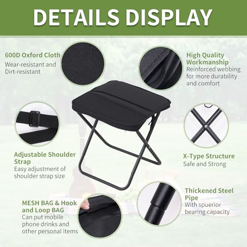Foldable Camping Stool, Portable Collapsible Chair for Adults, Folding Telescopic Stool with Carry Bag, Outdoor Ultralight Small Travel Chairs for Hiking and Fishing, Hold Up to 265 Lbs,Black - color: Black