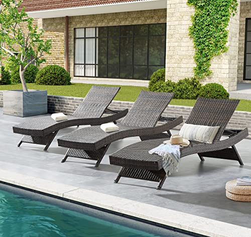 79'' Long Reclining Chaise Lounge Set (Set of 3), Outdoor Wicker Reclining Lounge Chair Patio Rattan Double Chaise Lounge Lawn Sunbathing Chairs Beach Pool Backrest Recliners (Set of 3) - color: 3 Chairs