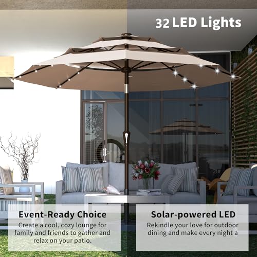 Kingdura 10ft 3-Tier Patio Umbrella with Solar Lights, Table Umbrella Outdoor Patio with Easy Crank & Tilt, 8 Sturdy Ribs, UV Protection, 32 LED Lights for Deck, Poolside, Market (Beige) - color: Beige-LED, size: 10 FT