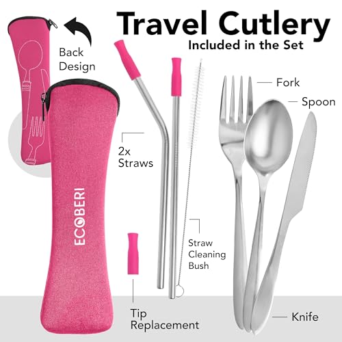 Travel Utensils Set with Case 4 Pack, Reusable Stainless Steel Portable Cutlery (Fork, Spoon, Knife, Straws & Cleaner) for Work, Dorm, Camping, Lunch Box, Compact Durable Silverware by Ecoberi - color: Pink