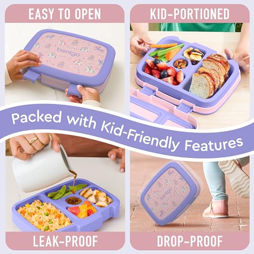 Bentgo Kids Prints Leak-Proof, 5-Compartment Bento-Style Kids Lunch Box - Ideal Portion Sizes for Ages 3-7, Durable, Drop-Proof, Dishwasher Safe, & PFAS & BPA-Free Materials (Carousel Unicorns) - color: Carousel Unicorns