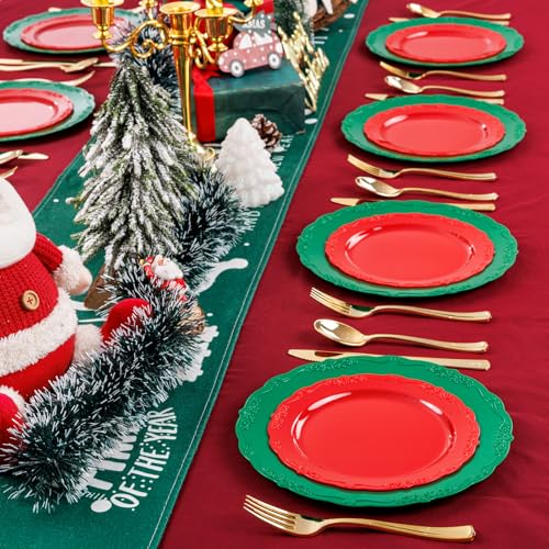 U-QE 100Pcs Christmas Plastic Plates - Green and Red Plate Disposable for Party, Plastic Christmas Plates Disposable Include 50 Red Dessert Plate, 50 Green Dinner Plate Suite for Party - color: Green Red