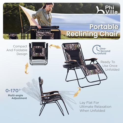 PHI VILLA XXL Oversized Padded Zero Gravity Chair Set of 2, Foldable Patio Recliner, 30" Wide Seat Anti Gravity Lounger with Armrest and Cup Holder, Support 400 LBS (Camouflage) - color: Camouflage, style: 2 Pcs