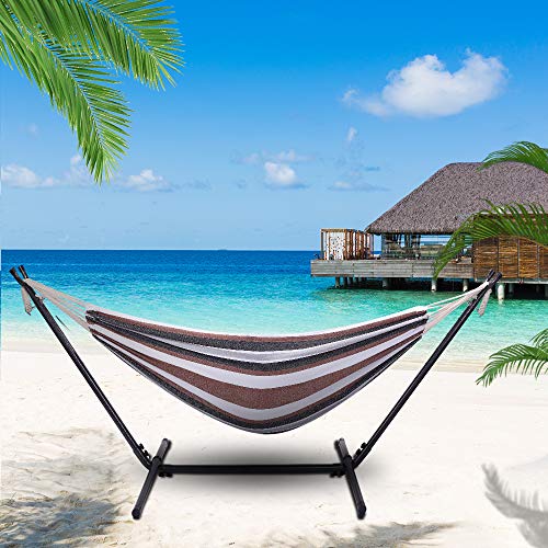 Double Hammock with Steel Stand, Adjustable Hammock Bed,Portable Outdoor Polyester Hammocks Set,2-Person Heavy-Duty Hammocks for Camping Garden Backyard Patio,250lbs Capacity (Coffee Stripe) - color: Coffee Stripe