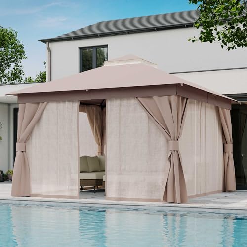 LAUSAINT HOME 12'x12' Outdoor Gazebo, Metal Frame Heavy Duty Patio Canopy Tent Shelter with Double Roofs, Mosquito Nettings and Privacy Screens for Backyard, Garden, Lawn, Khaki - color: Khaki, size: 12'x12'