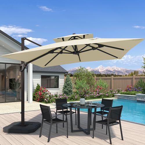 10x10 FT Cantilever Patio Umbrella Double Top Outdoor Square Large Heavy Duty Aluminum Offset Umbrellas with 7 Level Tilt 360-degree Rotation for Pool Garden Deck, Beige - color: Beige, size: 10' X 10' - Umbrella Only