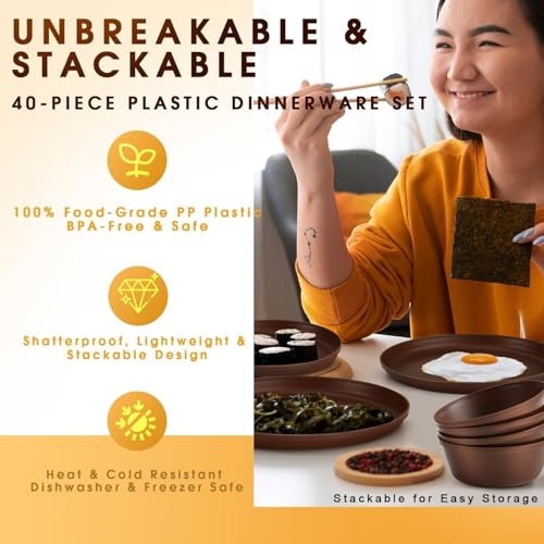 40 Piece Plastic Dinnerware Set for 8 with Cutlery, Unbreakable Plates and Bowls Set, Dishwasher & Microwave Safe Reusable Dish Set for Camping, RV, Outdoor Kitchen, Apartment Dining, Brown - color: Brown