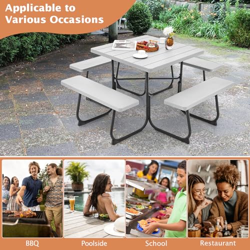 Giantex Picnic Table Bench Set for Up to 8 Persons, Square Outdoor Table and Bench with Umbrella Hole, HDPE Top & Metal Frame, 2000LBS Capacity, Patio Table Bench Set for Deck Backyard Garden, Gray - color: Grey, size: Square-35"x35"x30"
