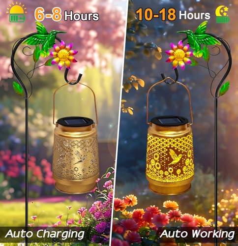 Mothers Day Gifts Solar Lanterns Outdoor Waterproof Hummingbird with Shepherd Hook,Hummingbird Garden Decor Birthday Gifts for Women Mom,Hanging Solar Lights Metal Bird Decorative for Yard,Patio,Porch - style: solar hummingbird sunflower lanterns