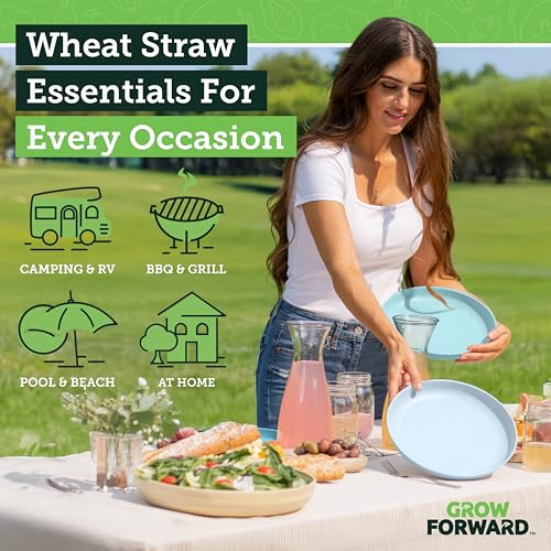 Grow Forward Premium Wheat Straw Plates and Bowls Sets - 8-Piece Wheat Straw Dinnerware Sets - Unbreakable & Reusable Microwave Safe Plastic Dinner Plates for Outdoors, RV, Camping Dishes - Seascape - color: Seascape