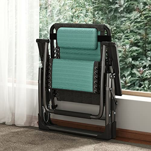 DoCred Zero Gravity Chair, Lawn Recliner, Reclining Patio Lounger Chair, Folding Portable Chaise with Detachable Headrest and Cup Holder Cool Green - color: Cool Green, style: Zero Gravity Chair
