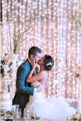 echosari Curtain Lights Battery Operated, 9.8Ft x 9.8ft 300 LED Curtain String Light with Remote Timer 8 Modes Hanging Lights for Wedding Party Home Garden Wall Decor (Cool White) - color: Cool White, size: 9.8Ft x 9.8Ft