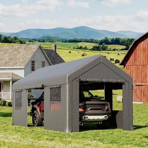 COSIEST 10'×20' Storage Shelter Outdoor Gable Roof Carport with Removable Side Walls, Heavy-Duty Garage Canopy Weatherproof PE Cover, Multi-Purpose Vehicle/Tractor Shed for Backyard/Driveway/Farm - color: Gray, size: 10x20 FT Gable Roof