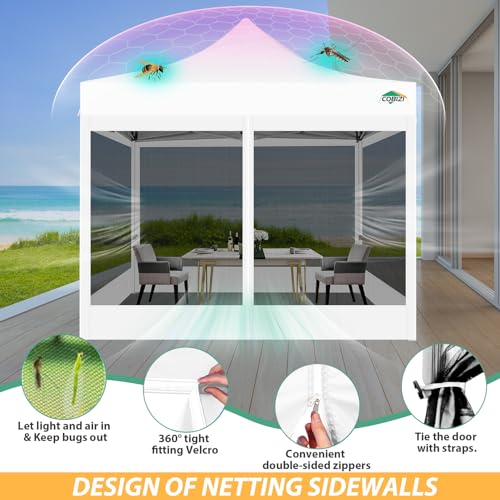 COBIZI 10x10 Pop up Gazebos with 4 Mosquito Netting Sidewalls,Heavy Duty Pop up Canopy Tent for Party,Outdoor Camping,Lawn and Backyard,Easy Set up Screen Tents with Handbag,White - color: White, size: 10x10ft(upgraded)