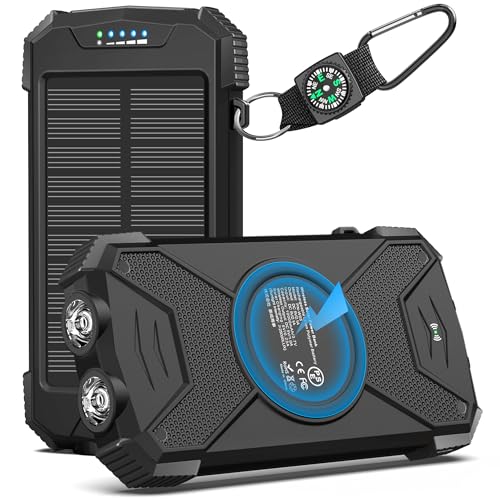 BLAVOR Solar Power Bank 10,000mAh, Portable Wireless Charger, 20W Fast Charging External Battery Pack with USB C for Cell Phones, Solar Panel Charging with Dual Flashlight for Camping - color: Black