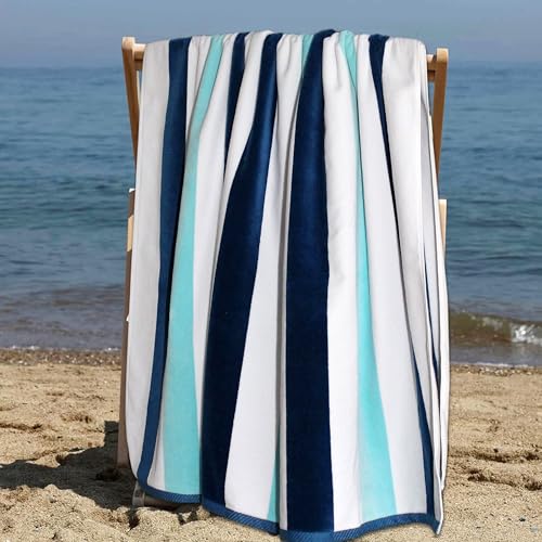 COTTON CRAFT Oversized Beach Towels - 2 Pack XXL 35x84 - The Big Kahuna 7 Foot Extra Large Beach Blanket Towel - Big & Tall - Huge 100% Cotton Velour Plush Soft Luxury Towel - Cabana Stripe Blue - color: Ocean Blue, size: 2 Pack - 35x84
