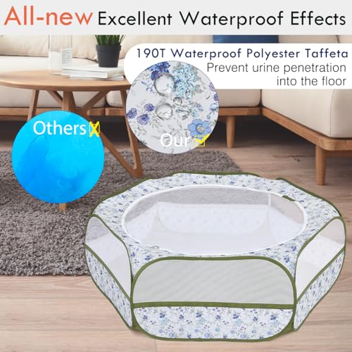 Pawaboo Small Animals Playpen, Waterproof Small Pet Cage Tent with Zippered Cover, Portable Outdoor Yard Fence with 3 Metal Rod for Chick/Kitten/Puppy/Guinea Pig/Rabbits/Hamster, Blue + White Flower - color: T-Blue + White Flower
