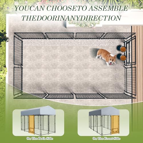 Grepatio Outside Dog Kennel for Large Dogs, 8x4x5.7 FT Outdoor Dog Kennels with Waterproof, Heavy Duty Dog Enclosure with 2 Rotating Dogs Bowls, Dog Run Playpen Fence with Secure Lock