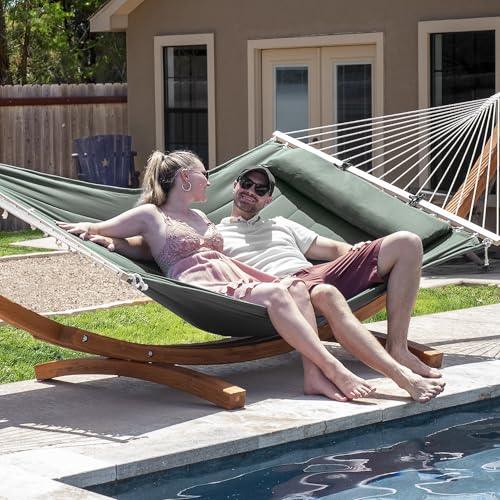 SUNCREAT Hammocks for Outside with Stand, Hammock Cover, Extra Large Double Hammock with Wooden Stand, Gray Green - color: Gray Green
