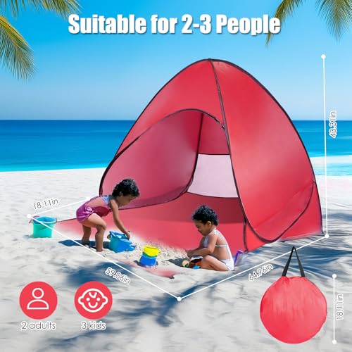 Pop Up Beach Tent, Sun Shelter for 2-3 Person, Sun Shelter with UPF 50+ & Lightweight, Portable Beach Tent Easy Pop Up for Outdoor Camping Fishing - style: Red