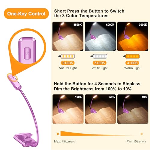 Gritin 9 LED Rechargeable Book Light for Reading in Bed - Eye Caring 3 Color Temperatures,Stepless Dimming Brightness,80 Hrs Runtime Small Lightweight Clip On Book Reading Light-Dark Purple - color: Dark Purple