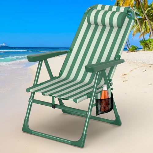 Suteck Backpack Beach Chair for Adults - 6-Position Folding Reclining Chair with Cooler Bag & Cup Holder, Lightweight Portable Beach Chair for Camping, Outdoor, Sand, Travel Use - color: Dark Green & White