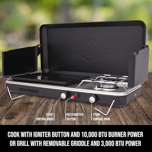 Hike Crew 2-in-1 Gas Camping Stove and Griddle, Portable Propane Burner w/Integrated Igniter & Stainless Drip Tray | Built-in Carrying Handle, Foldable Legs & Wind Panels | Includes Regulator - color: Black