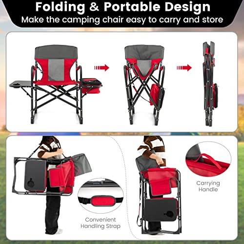 KOTEK Camping Directors Chair, Outdoor Folding Chair with Side Table, Cooler Bag & Storage Pocket, Supports 400 LBS, Portable Camp Chairs for Fishing, Picnic, Concert, Beach, Lawn, Patio (1, Red) - color: Red