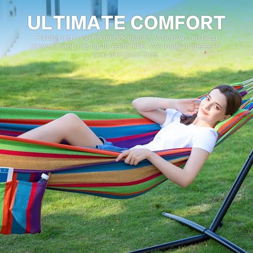 PNAEUT Double Hammocks with Stand for Outside, Portable Space Saving Heavy-Duty Steel Stand for Indoor Outdoor Patio, 450 lbs Capacity (Tropical) - color: Tropical