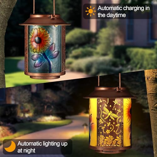 Dragonfly Solar Lanterns Outdoor Waterproof, Birthday Gifts for Women Mom Grandma , Metal Garden Decor Hanging Solar Lights Outside Decorative for Yard Patio Backyard Porch Decorations (Sunflower) - style: Dragonfly+Sunflower