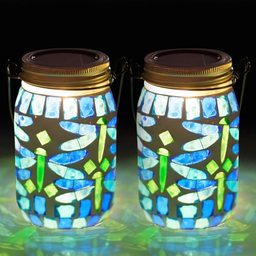 Starsoul 2 Pack Solar Hanging Lanterns Outdoor Waterproof, Mosaic Dragonfly Decor Glass Solar Outdoor Lights, Decorative Solar Lantern for Outside Pathway Patio Porch Yard Decor - color: Dragonfly-2PC