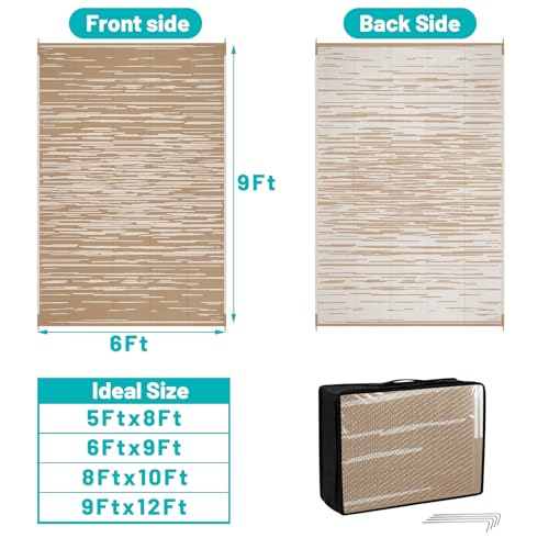 HEBE Outdoor Rug 6'x9' Waterproof, Reversible Plastic Straw Patio Rug Camping Mat, Indoor Outdoor Area Rug Carpet for Patios, Deck, Porch, RV, Camping, Picnic, Balcony - color: Stripe/Beige, size: 6' x 9' (Rectangular)