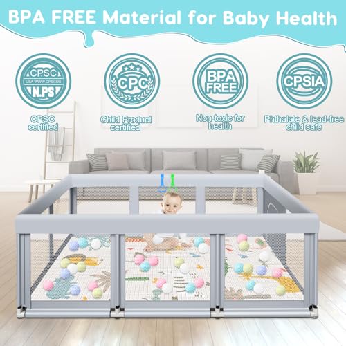 Fshibila 74" ×50" Large Baby Playpen, Baby Playard for Babies and Toddlers, PlayPen for Indoor & Outdoor, Sturdy Safety Play Yard with Soft Breathable Mesh, Ball x 18, Handle x 2, Mat x 1, Grey - color: Grey, size: 74 × 50 IN + Mat&handle&ball