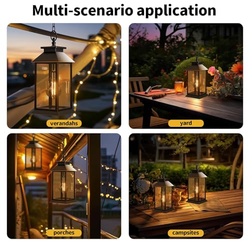 2 Pack Solar Lanterns Outdoor, Hanging Glass Solar Lights Waterproof, Dual Power Solar & 2*AA Battery, for Porch, Patio, Yard and Indoor Table or Mantel