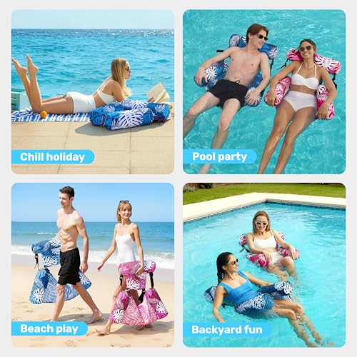 SLOOSH Inflatable Pool Floats Adult,2 Packs Floating Lounge Chairs,Blow up Pool Noodles for Adult Heavy Duty,Floating Chair for Party Summer Water Beach Lake Fun - style: Tropical Leaves-Pink,Blue