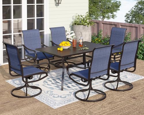 PHI VILLA Patio Dining Set for 6, Swivel Dining Chairs with Padded Textilene and Large Metal Table (1.57'' Umbrella Hole), All Weather Table and Chairs for Outdoor Lawn (Blue) - color: Blue Padded Fabric, size: 60"L x 38"W x 28"H-Metal-7 Piece