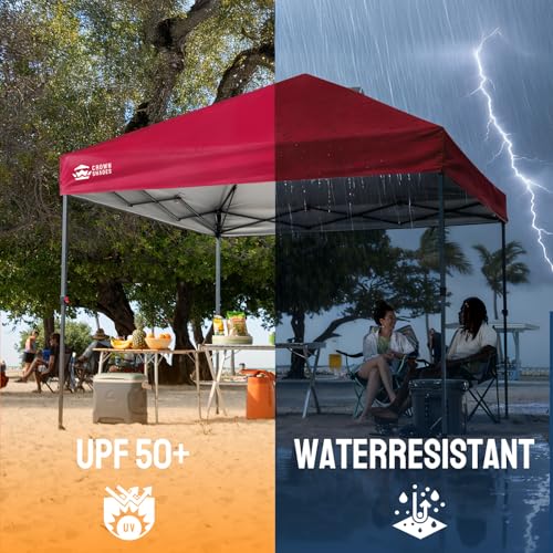 CROWN SHADES 10x10 Pop Up Canopy Tent - Patented Center Lock One Push Instant Outdoor Canopy Beach Tent with STO-N-Go Bag 8 Stakes & 4 Sand Bags，Red - style: Red