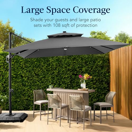Best Choice Products 9x12ft LED Cantilever Patio Umbrella w/Base Included & 360° Rotation, Large Solar Offset Hanging Outdoor Sun Shade for Deck, Backyard Table w/Stand & Lights – Gray - color: Gray, size: 9x12ft
