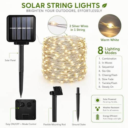 ALENEY Solar String Lights Outdoor, 33 Feet 100 LEDs 8 Modes Solar Fairy Lights for Outside, Waterproof Outdoor Light for Patio Yard Christmas Tree Halloween Wedding Party Decorations, Warm White - color: Warm White, size: 100 LEDs